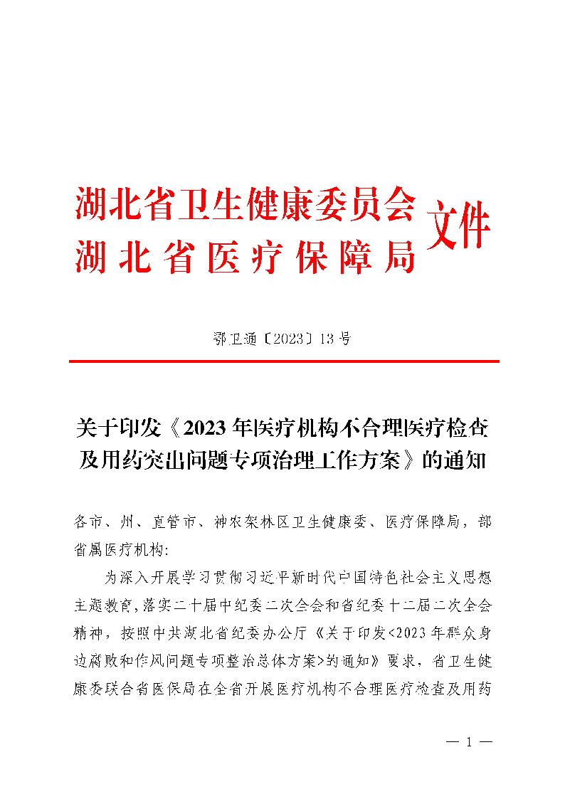 （省发）鄂卫通〔2023〕13号 关于印发《2023年医疗机构不合理医疗检查及用药突出问题专项治理工作方案》的通知(1)jpg_Page1